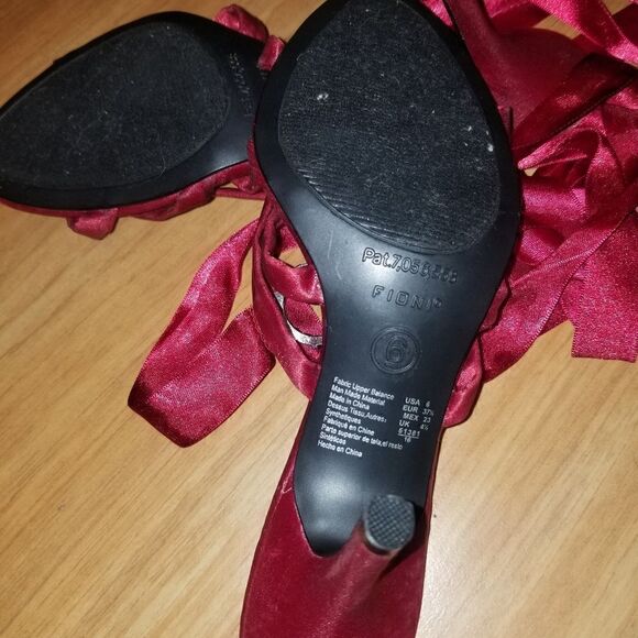 Fioni | Size 6 Vintage Ruby Red Open Toe Lace Up Heels with Circle Gem Detail - Picture 10 of 15